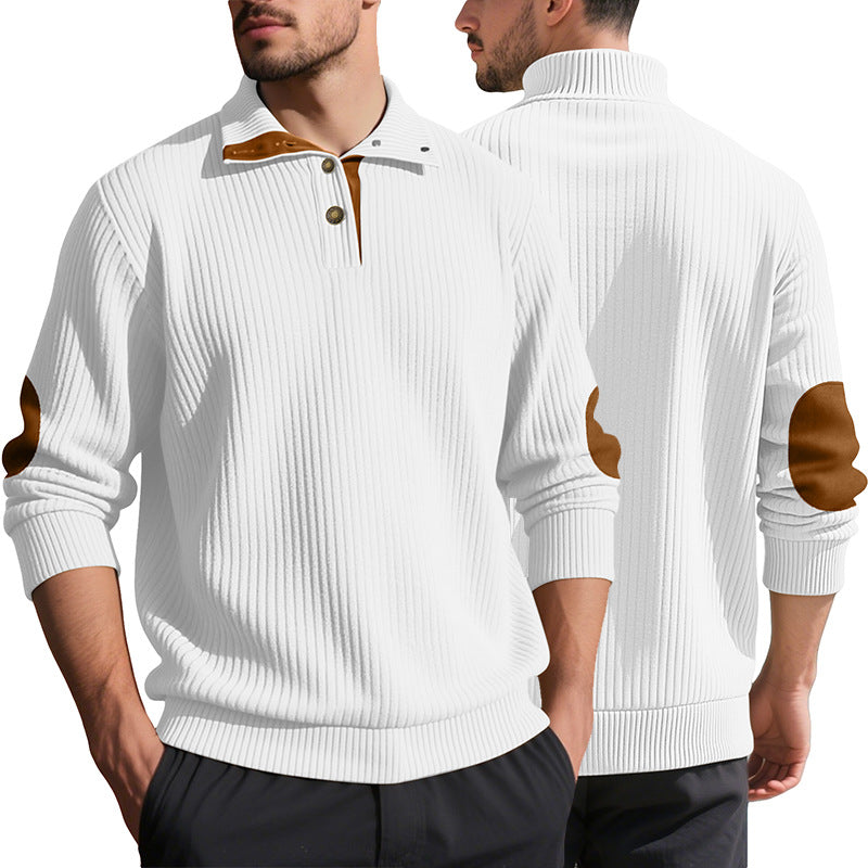 Herren nan Rippstrick-Halbknopf-Pullover mit Kentkragen und Lederbesatz R&B