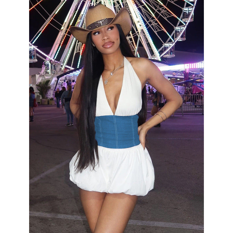 Damen Sommerliches Minikleid mit hohem Bund und tiefem Ausschnitt R&B
