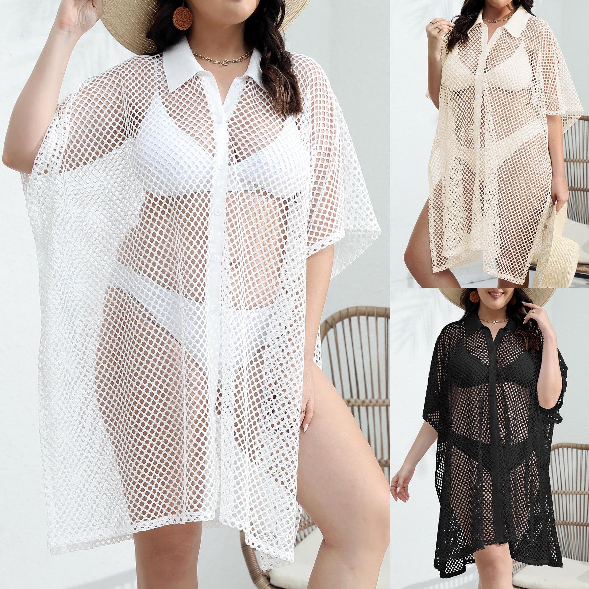 Damen transparenter Strandüberwurf aus Netzmaterial R&B