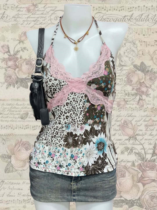 Damen Verspieltes Haltertop mit floralem und Leopardenmuster R&B