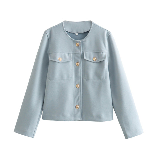 Damen elegante Bouclé-Jacke mit Knopfdetails und praktischen Taschen R&B