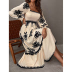 Damen Maxikleid mit Puffärmeln und elegantem Stickmuster R&B