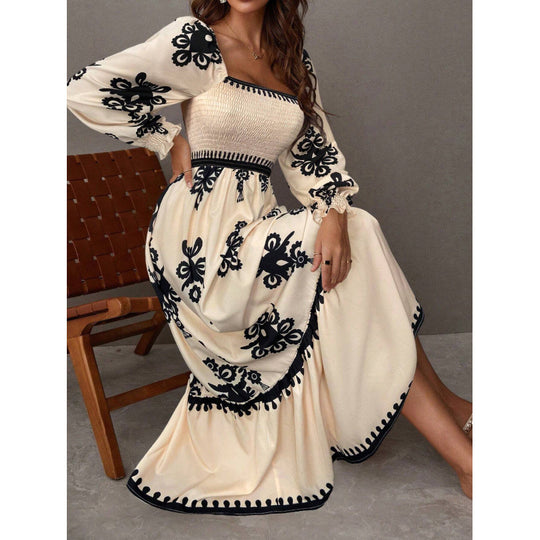 Damen Maxikleid mit Puffärmeln und elegantem Stickmuster R&B