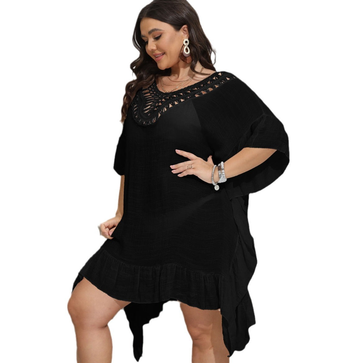 Damen luftiger Strandponcho mit gehäkeltem Ausschnitt R&B