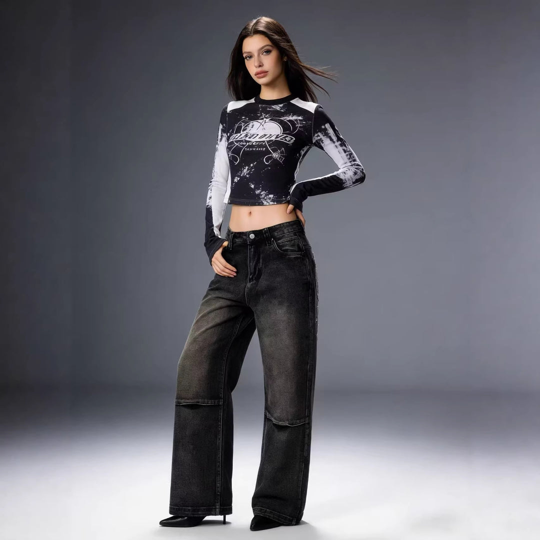 Damen Schlagjeans mit weitem Bein und modischen Waschungseffekten R&B