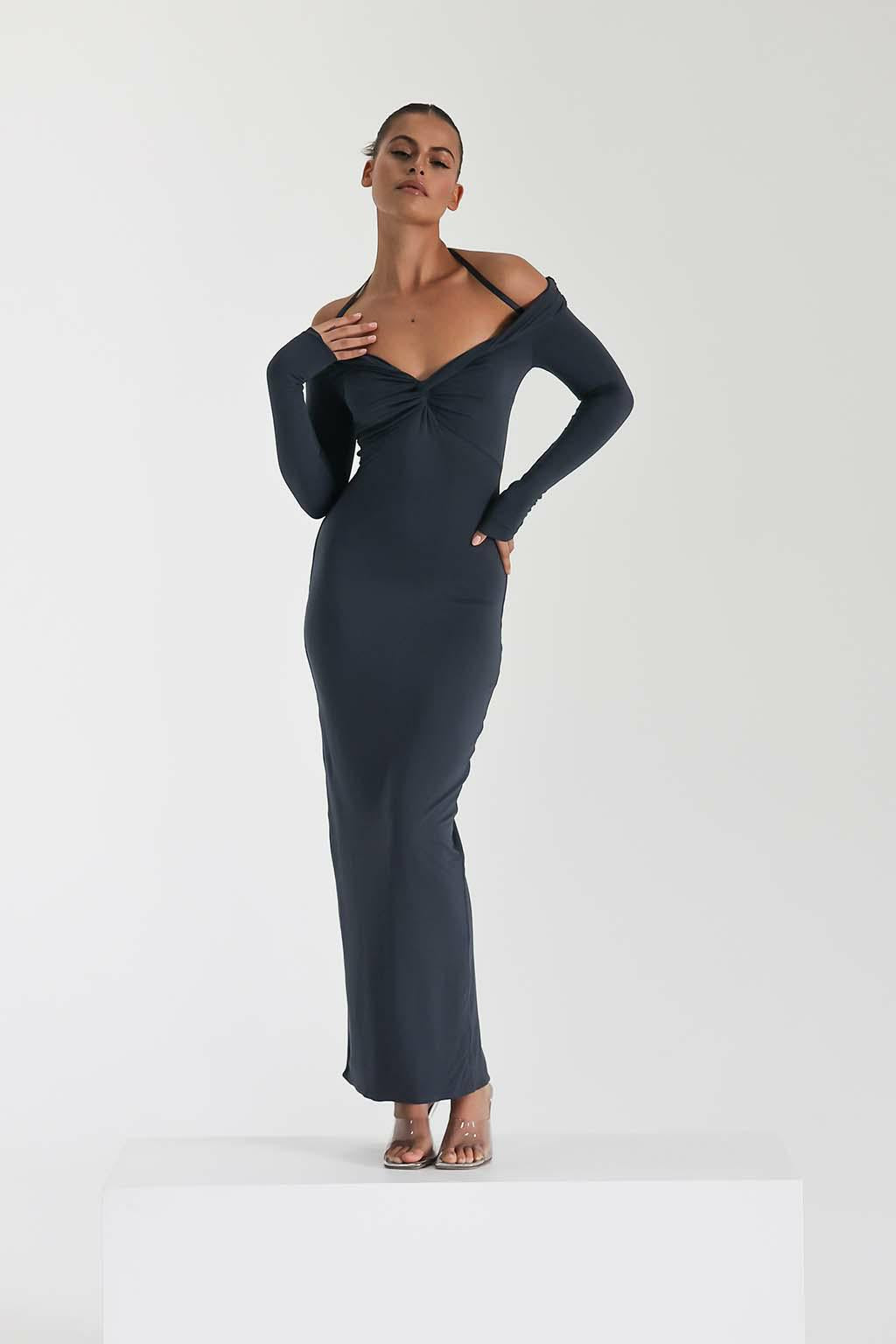 Damen Maxi-Kleid mit Off-Shoulder Design und elegantem Schlitz R&B