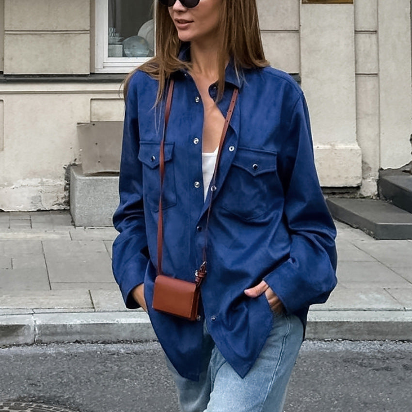 Damen Lässige Oversized-Hemdjacke mit Taschen und modischen Details R&B