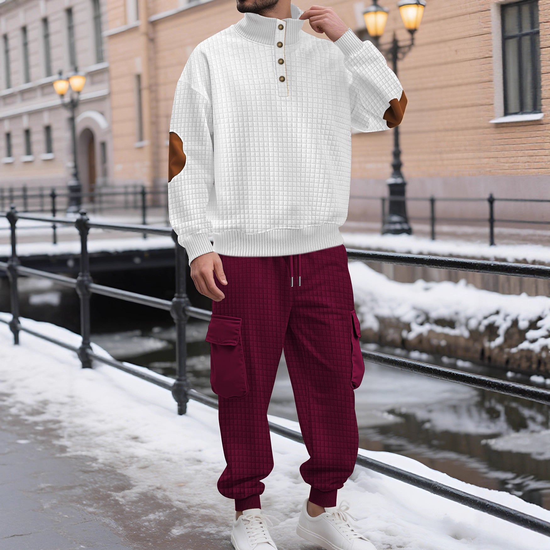 Herren nan Karo-Relief-Sweatset mit Stehkragen-Knopfleiste, Velours-Ellenbogenpatches und Cargo-Jogger R&B