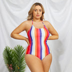 Damen Einteiliger Badeanzug mit modischem Streifenmuster R&B