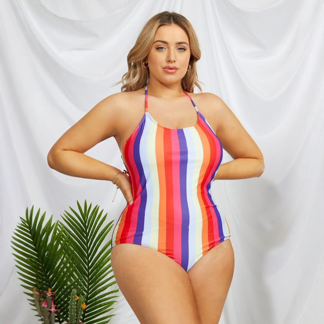 Damen Einteiliger Badeanzug mit modischem Streifenmuster R&B