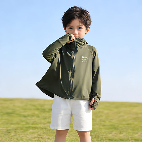 Unisex Nan Kids hoch UPF bewertete Kapuzen-Sonnen-Schutzjacke mit Reißverschluss-Gesichtsschutz und Pferdeschwanzöffnung R&B
