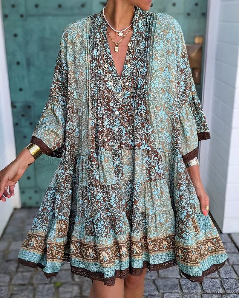 Damen nan luftiges Boho-Stufenkleid mit V-Ausschnitt weiten Fledermausärmeln und Spitzenbordüre R&B