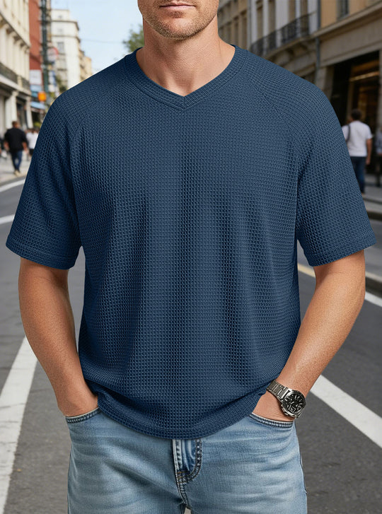Herren nan lässiges V-Ausschnitt Waffelstrick-T-Shirt aus atmungsaktivem Baumwollmix R&B
