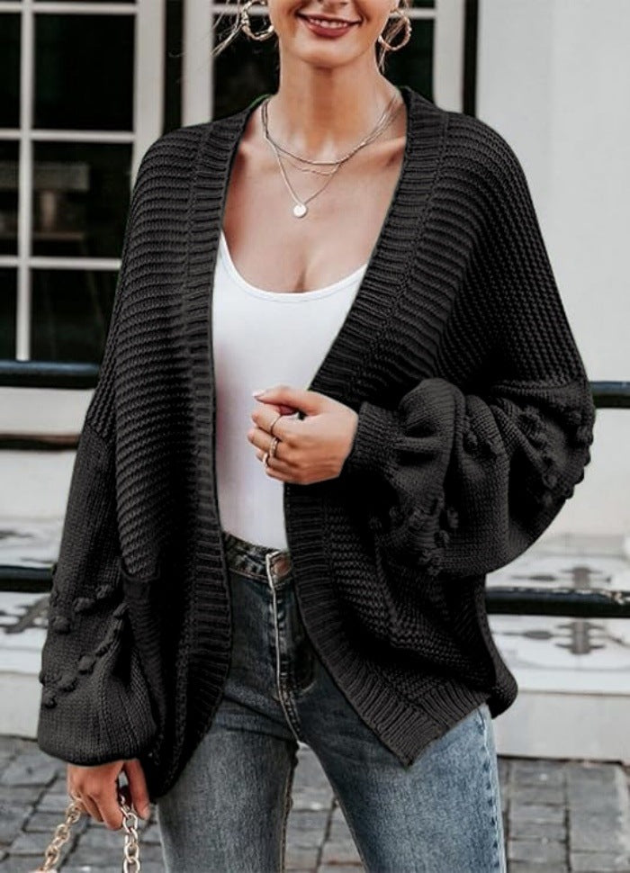 Damen Grobstrick-Cardigan mit voluminösen Puffärmeln und strukturierter Oberfläche R&B