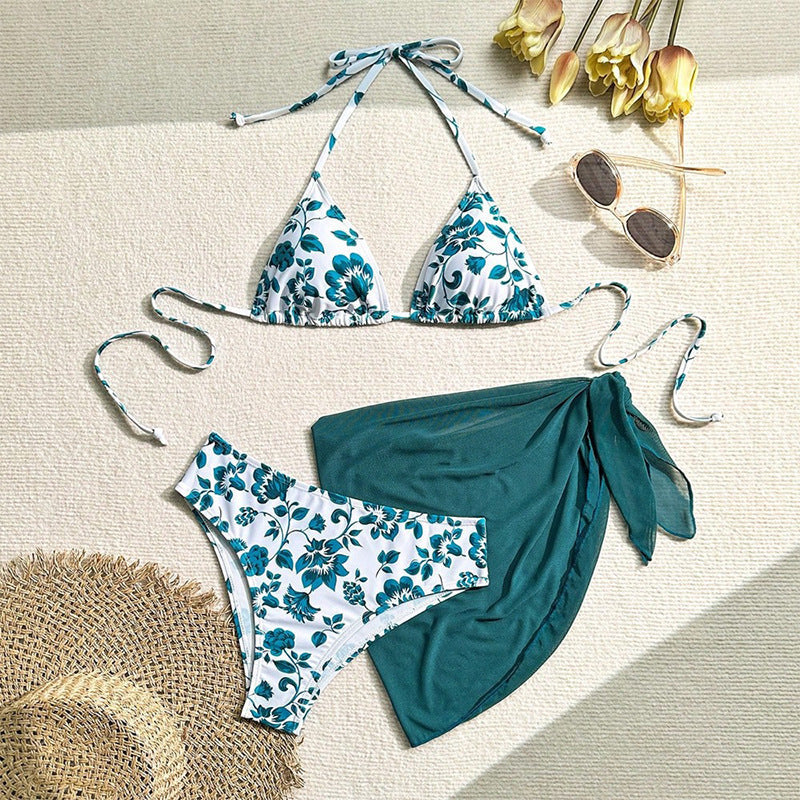 Damen Triangel-Bikini-Set mit floralem Muster und passendem Wickelrock R&B