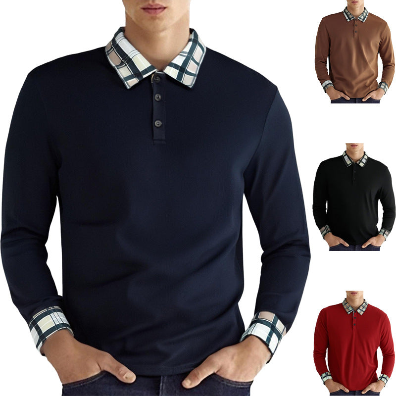 Herren nan figurbetontes Langarm-Poloshirt mit karierter Kragen- und Manschettenbesatz R&B