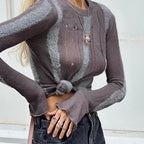 Damen modisches Strickoberteil mit elegantem Knoten und schmalen Ärmeln R&B
