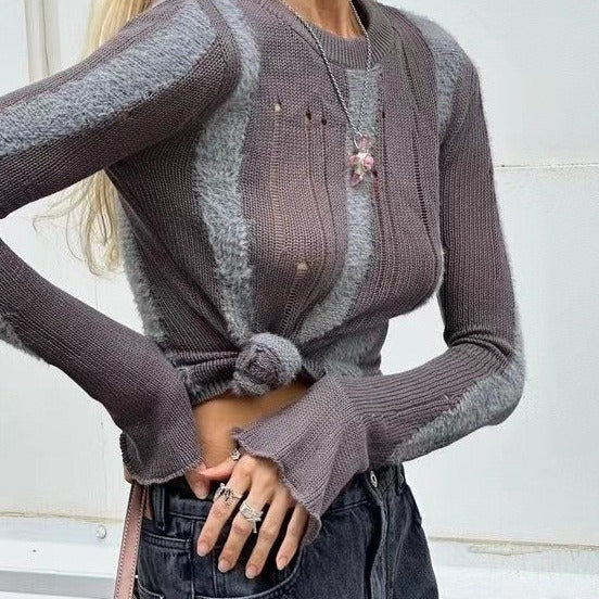 Damen modisches Strickoberteil mit elegantem Knoten und schmalen Ärmeln R&B