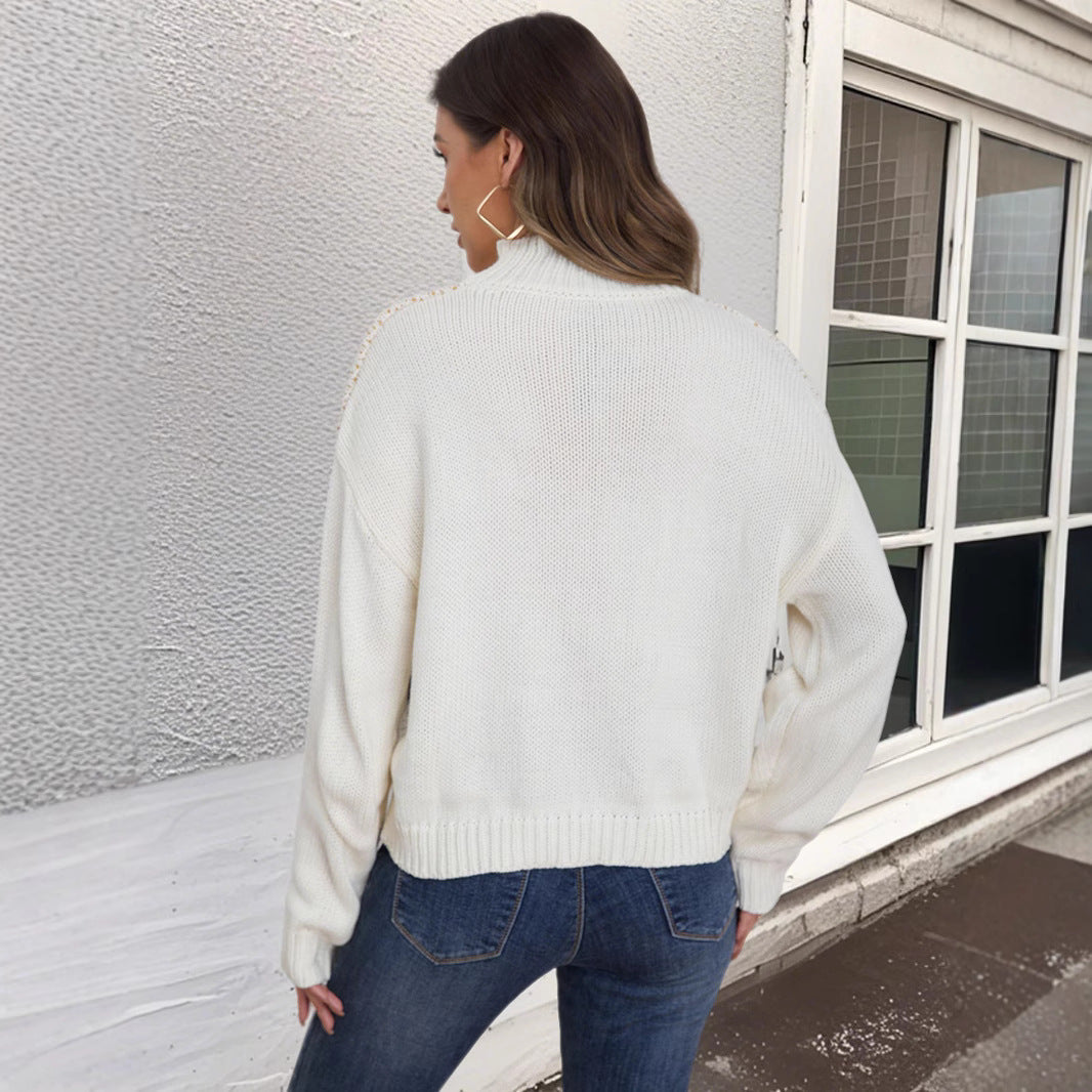 Damen modischer Strickpullover mit geometrischem Muster und hohem Kragen R&B
