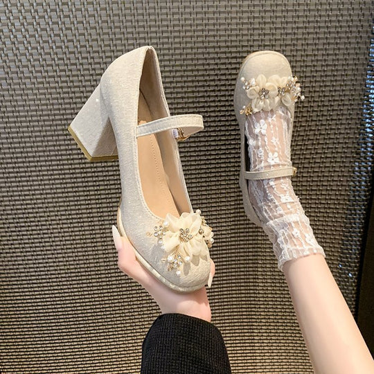 Damen elegante Mary Jane Pumps mit Blumendetails R&B