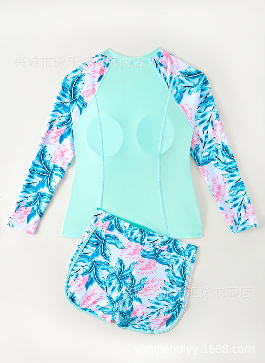 Damen Sportlicher Langarm-Schwimmanzug mit floralem Design und Shorts R&B