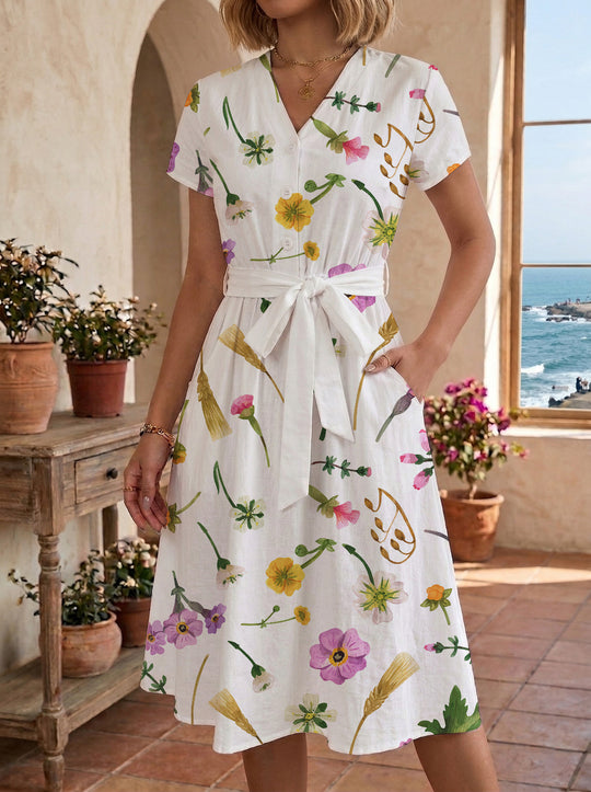 Damen Midikleid mit floralem Motiv und Taillengürtel R&B