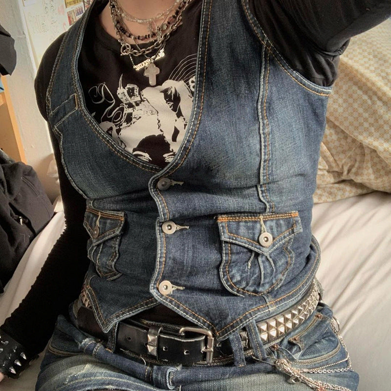 Damen Denim-Bustierjacke mit nostalgischem Spitzeneinsatz und dekorativen Knopfdetails R&B