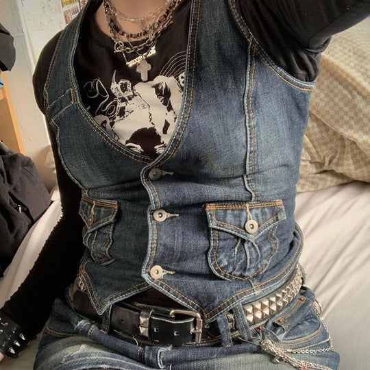 Damen Denim-Bustierjacke mit nostalgischem Spitzeneinsatz und dekorativen Knopfdetails R&B