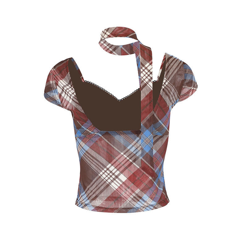 Damen Elegantes Karomuster-Bluse mit verstellbarem Bindegürtel und Spitzenakzenten R&B