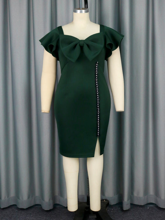 Damen figurbetontes Kleid mit großem Schleifenakzent und seitlichem Schlitz R&B