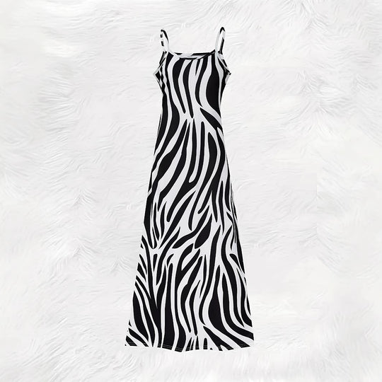 Damen Maxikleid im modernen Zebra-Design mit schmalen Trägern und fließender Silhouette R&B