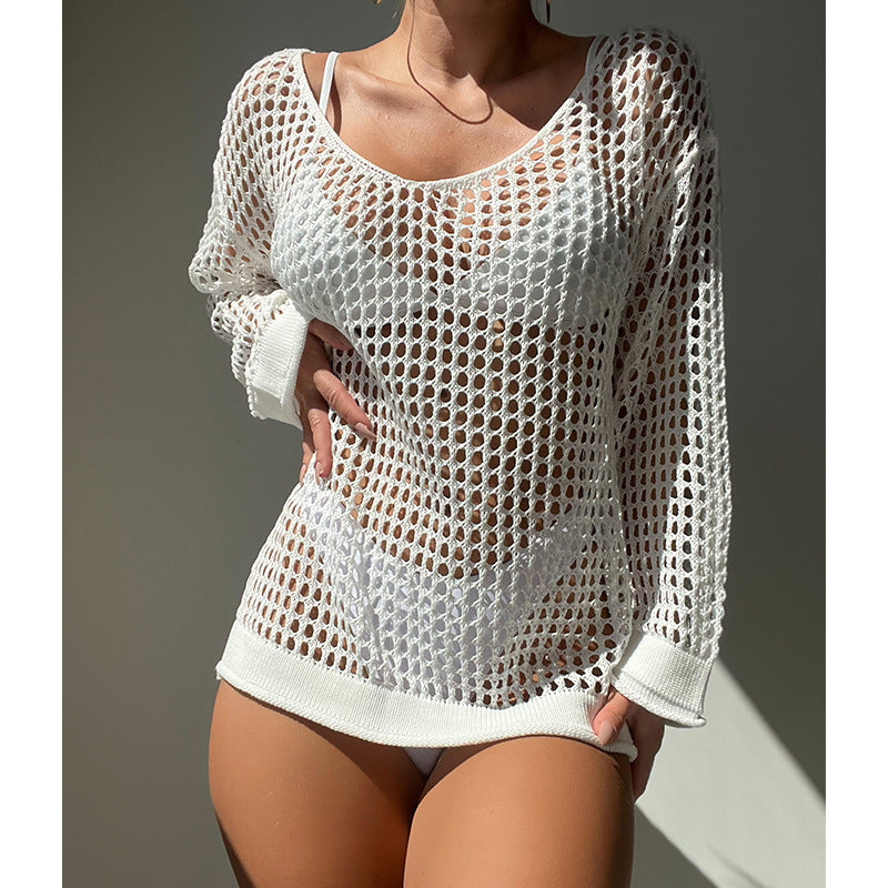 Damen luftiger Grobstrick Pullover mit weitem Schnitt und offenen Ärmeln R&B