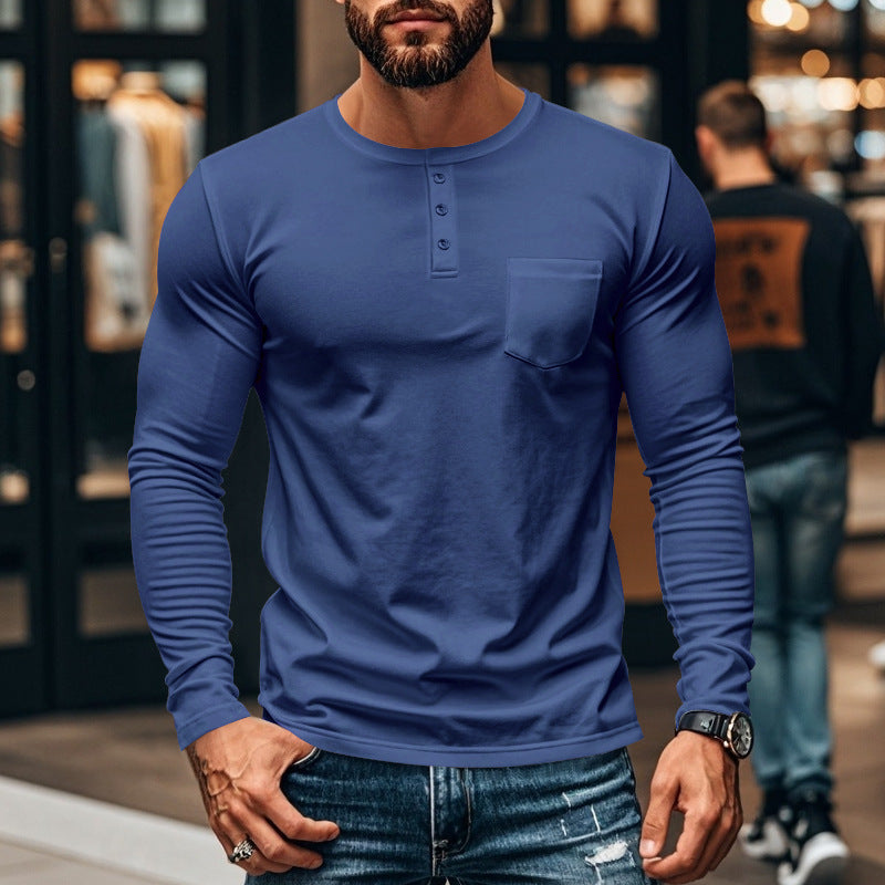Herren langärmliges Henley-Shirt mit strukturierter Baumwolloberfläche und Brusttasche R&B