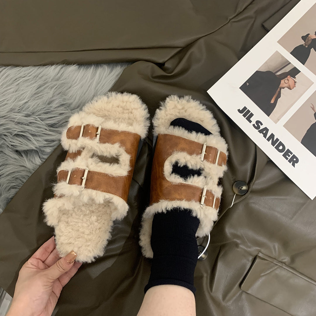 Damen Gemütliche Clogs mit verstellbaren Riemen und flauschigem Innenfutter R&B