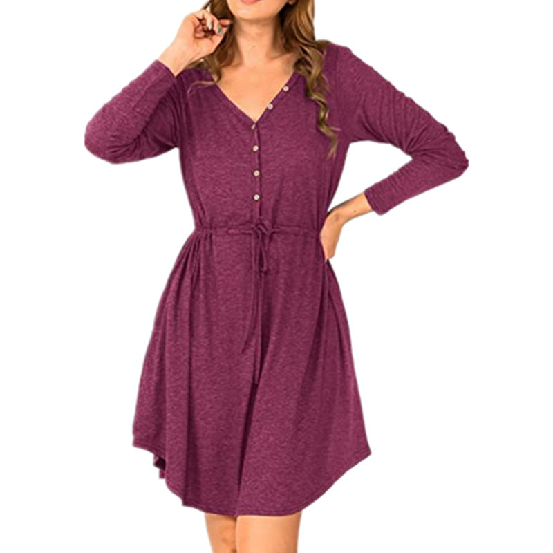 Damen lässiges Wickelkleid mit Knopfdetails und Taillenzug R&B