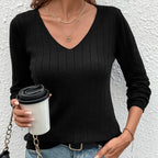 Damen V-Ausschnitt Pullover mit Rippstruktur und langen Ärmeln R&B