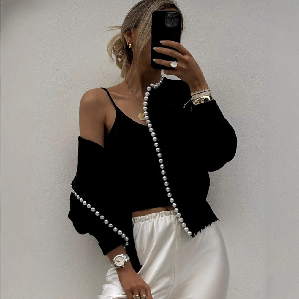 Damen Strickjacke mit auffälligem Perlenbesatz und offenem Design R&B