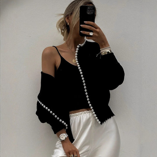 Damen Strickjacke mit auffälligem Perlenbesatz und offenem Design R&B