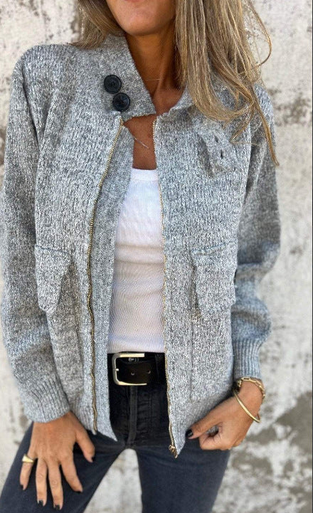 Damen weiche Strickjacke mit wärmeisolierendem Kragen und aufgesetzten Taschen R&B