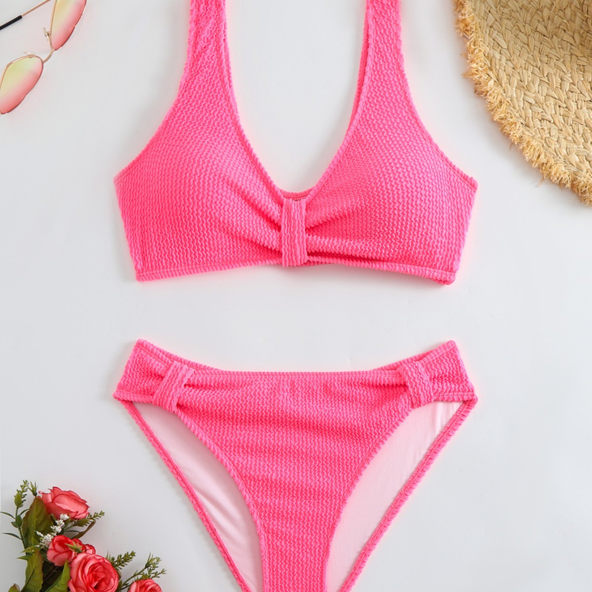 Femme Strukturierter Hochgeschnittener Bikini-Set R&B