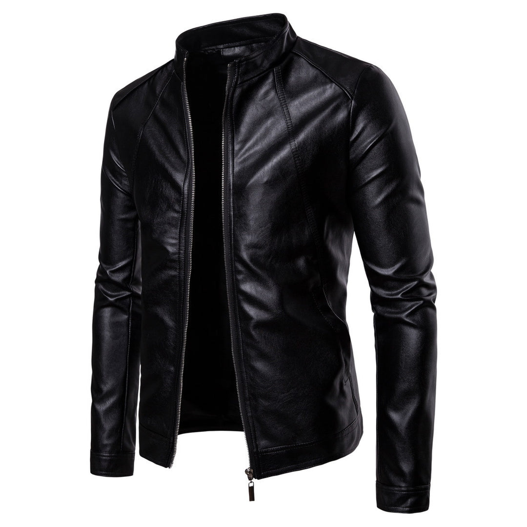 Herren elegante Kunstlederjacke mit Stehkragen R&B