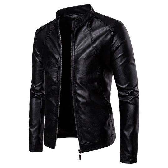 Herren elegante Kunstlederjacke mit Stehkragen R&B