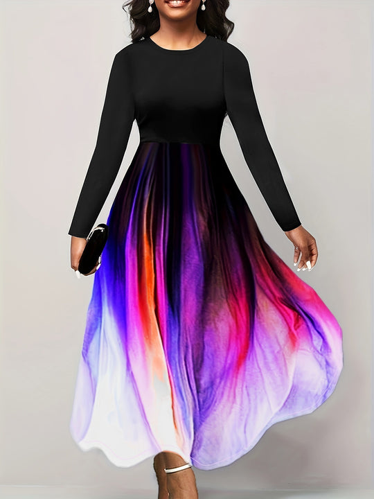 Damen Elegantes Maxikleid mit kreativer Farbverlauf-Optik und langen Ärmeln R&B