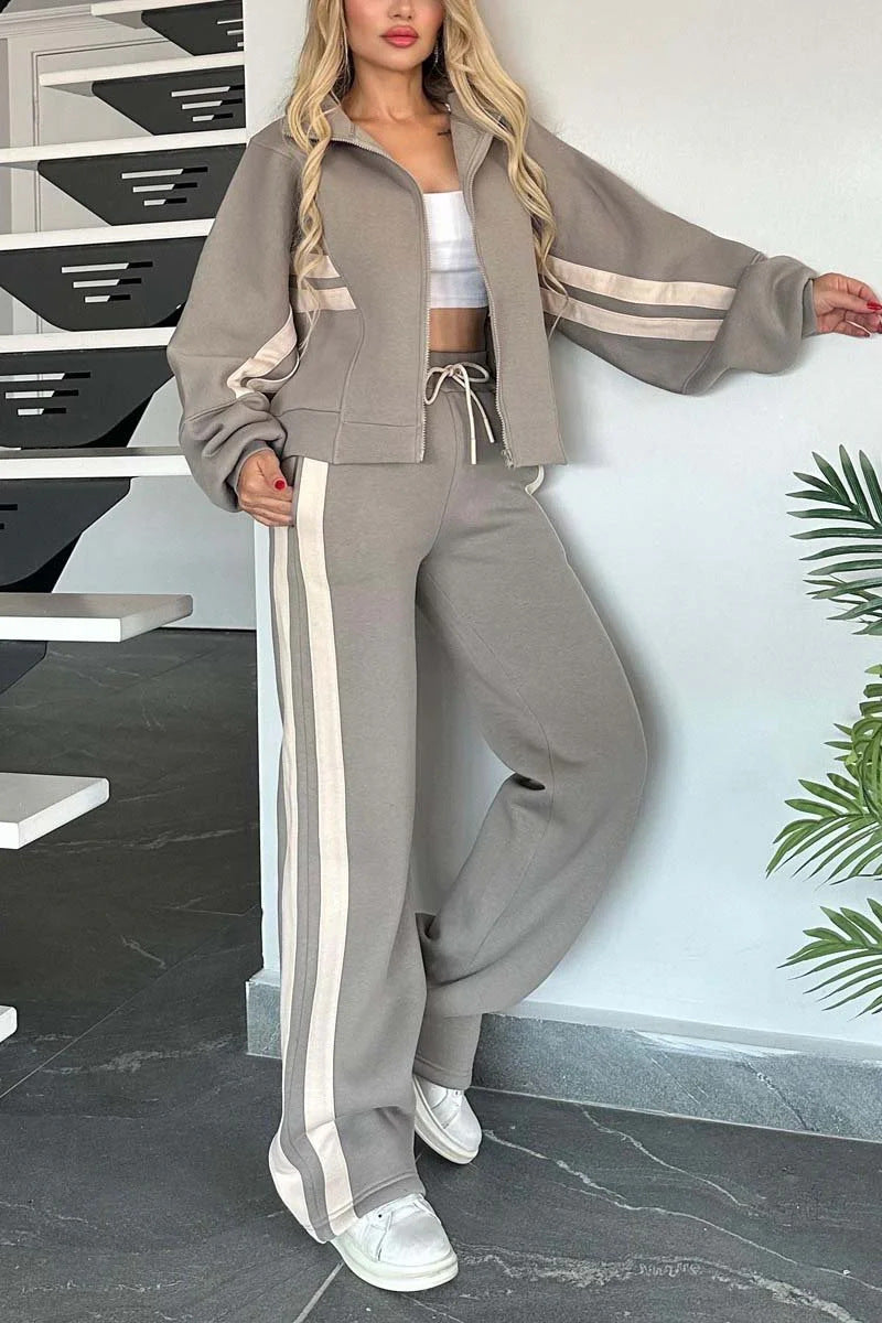 R&B | Gestreifte Zip up Cropped Sweatshirtjacke und Sporthose Zwei Teile Satz
