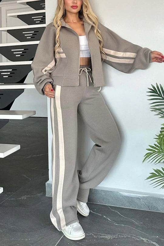 R&B | Gestreifte Zip up Cropped Sweatshirtjacke und Sporthose Zwei Teile Satz