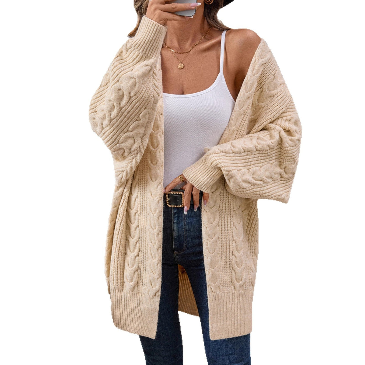 Damen Strickjacke mit kreativem Zopfmuster und lockerer Passform