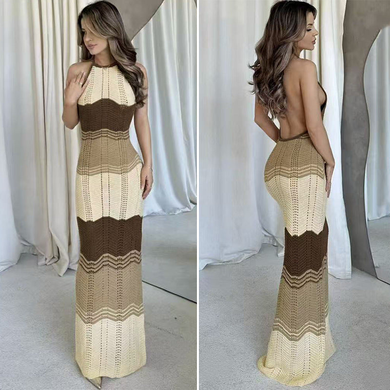 Damen Häkel-Maxikleid mit exklusivem Muster und elegantem Kragen R&B
