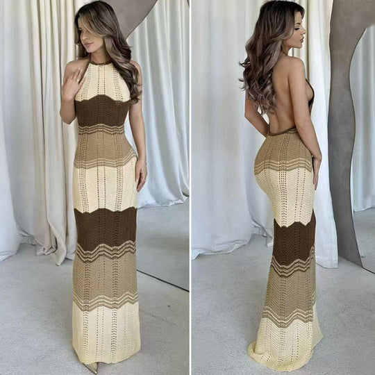 Damen Häkel-Maxikleid mit exklusivem Muster und elegantem Kragen R&B