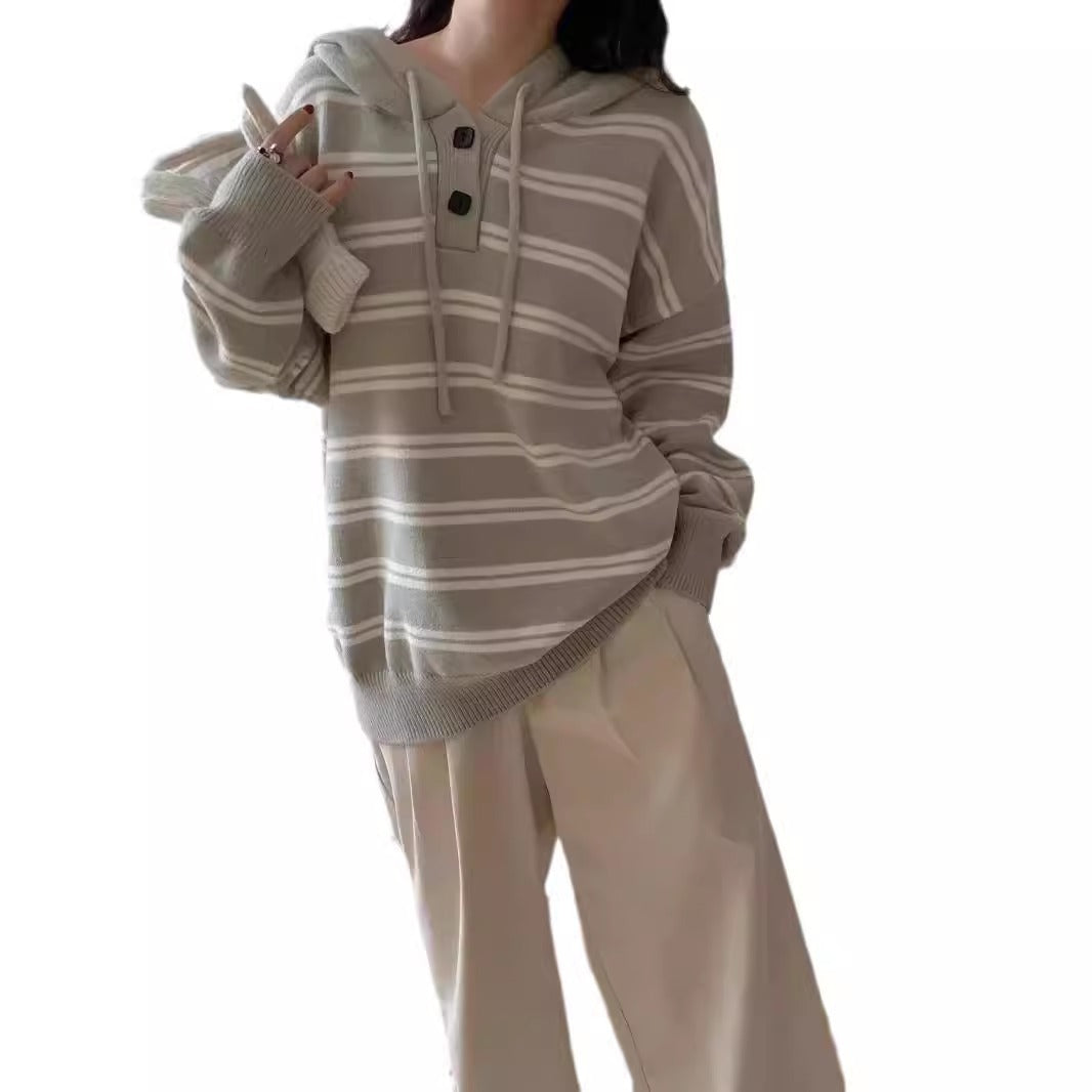 Damen lässiger Streifenpullover mit Knopfleiste und Kapuze R&B