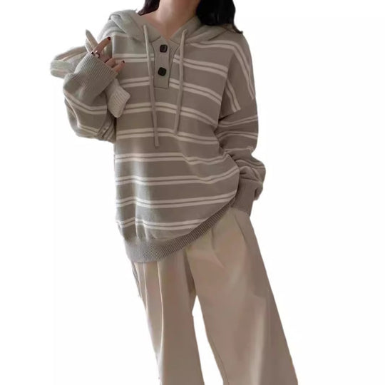 Damen lässiger Streifenpullover mit Knopfleiste und Kapuze R&B